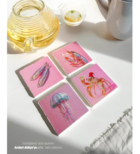 Retro Pembe Deniz Canlıları Tasarımlı Taş Bardak Altlıkları - 4’lü Set