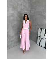 kadın pembe çift renkli kemerli şerit detaylı tam boy kolsuz tulum NBK087