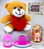 Premium Hediye Seti Pembe Kahve Fincanı, Mum, Ayıcık, Işıklı Fanus (Model 5)