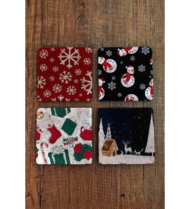 Yeni Yıl - Yılbaşı Doğal Taş Bardak Altlığı Uv Baskılı 4'lü Set - Stone Coasters - New Year