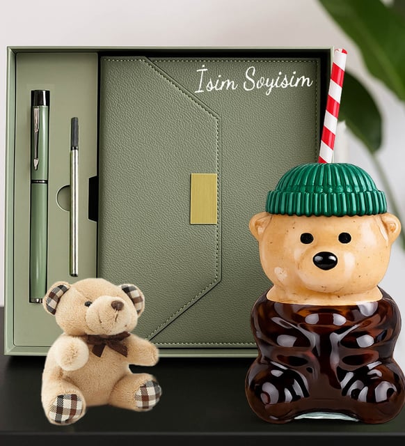 Kişiye Özel Deri Ajanda & Roller Kalem & Bearista Şapkalı Ayıcık Pipetli Bardak & Mini Peluş Ayıcık