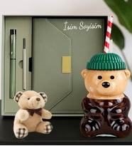 Kişiye Özel Deri Ajanda & Roller Kalem & Bearista Şapkalı Ayıcık Pipetli Bardak & Mini Peluş Ayıcık