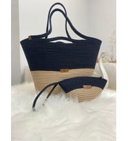 Hasır Çanta Jüt Çanta Özel Dikiş Plaj ve Günlük Kullanım 48 Cm Çanta Ve Cüzdan Seti