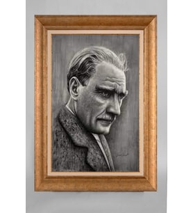 Altın Varaklı Çerçeveli Paspartulu Atatürk Tablo a236 (Gold)