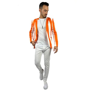 Turuncu ve Beyaz Şerit Desen Torba Cep Blazer Tek Ceket Slim Fit  Agustini
