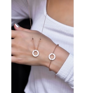 Papatya Silver 925 Ayar Gümüş Rose Kaplama Dorika Toplu Beyaz Simitli Kolye Ve Bileklik Set