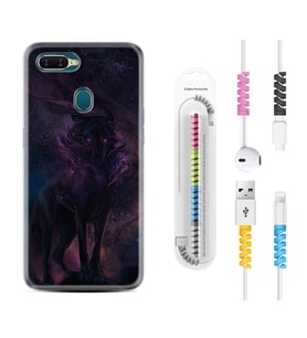 Oppo A5S A15 A16 A54 A55 A73 A74 Kılıf Kablo Koruma Spiral Silikon Black Purple Wolf 1791