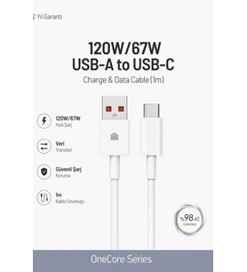 120W/67W USB-A to USB-C Hızlı Şarj ve Data Kablosu 1m Beyaz