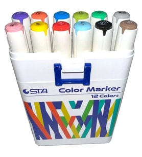 STA 910312 ÇİFT UÇLU ALKOL BAZLI MARKER 1mm/1-7mm UÇ KALEM SETİ 12'Lİ (RENK) TAŞIMA SAPLI PLASTİK KU