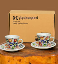 Kütahya El Yapımı Papatya Desen Kabartmalı El İşlemeli 2 li Kahve Fincanı (Karışık)