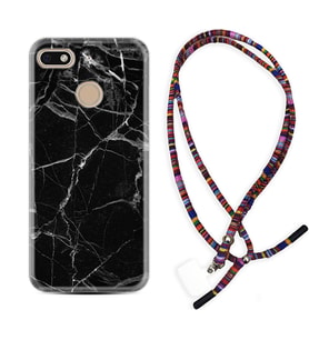 General Mobile GM8 Go GM9 GM20 Pro Plus Kılıf Boyun Asklı Rasta Silikon Fragile Black Mermer 1378