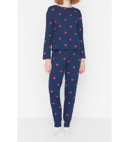 Tarz Rahat Uzun Kollu Boru Paça %100 Pamuklu Kalpli Örme Pijama Takımı (İndigo)
