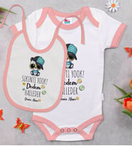 BK Kids Kişiye Özel Sıkıntı Yok Dedem Halleder Tasarımlı Pembe Bebek Body Zıbın ve Mama Önlüğü Hediye Seti
