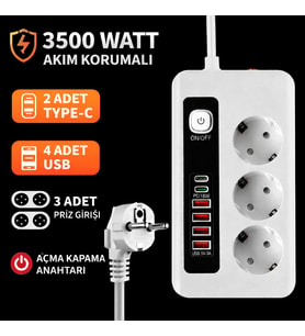 3500W Akım Korumalı 3’lü Priz  2 Type-C + 4 USB Girişli  Açma Kapama Anahtarlı  2 Metre Kablolu