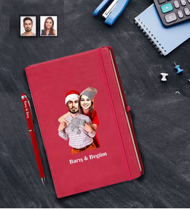 Kişiye Özel Yılbaşı Sevgili Karikatürlü Kırmızı Defter Kalem Hediye Seti Model-8