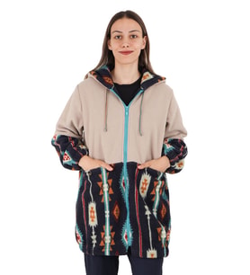 Lacivert/Bej Kilim Desenli Kadın Polar Ceket - Zenobya