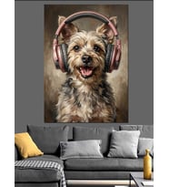 Kulaklıklı Müzik Dinleyen Şirin Köpek Dekoratif Kanvas - Mdf Ahşap Tablo