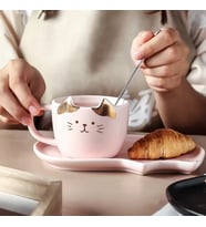 Sunum Tabaklı Kedi Tasarım Kupa Bardak (Karışık)