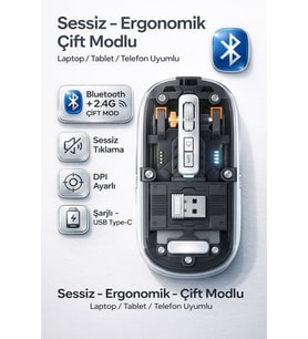 Bluetooth Ultra Slim Usb 2.4ghz Siyah Ledli 800/1200/1600dpi Şarjlı Kablosuz Mouse Rgb Led Işıklı