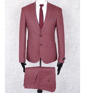 JAN CARLUCCİ Erkek Slim Fit Sivri Yaka Bordo Drop 6 Yelekli Takım Elbise