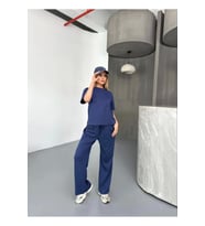 Osy Modal Yumuşak Dokulu Kumaş Kısa Kollu Bluz Rahat Pantalon Ikili Takım- Lacivert