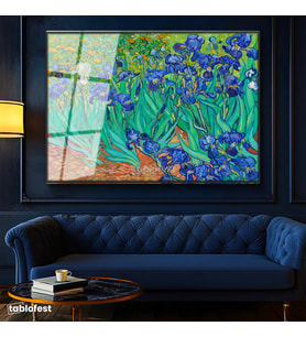 Siyah Renk Metal Çerçeveli Tamperli Cam Tablo Vincent van Gogh İris Çiçekleri Bahçe Mavi Ressam Tablosu Duvar Dekoru