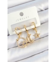 Pirinç Zirkon Taşlı Yıldız Ve Ay Model Gold Renk 3'lü Kadın Küpe Set