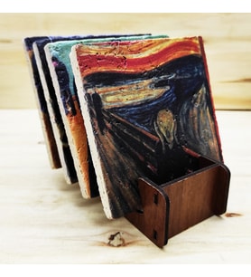Edvard Munch - Doğal Taş Bardak Altlığı 4'lü Set Standlı
