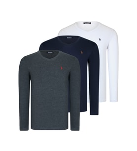 ÜÇLÜ SET T8587 DEWBERRY V YAKA ERKEK SWEATSHIRT-LACİVERT-ANTRASİT-BEYAZ