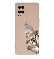 Oppo A54 Uyumlu Lansman Kılıf Catface Tasarımlı İçi Kadife Kapak-Pudra (Şeffaf)