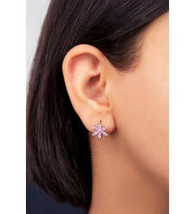 Pembe Zirkon Taşlı Rodyumlu 925 Ayar Gümüş Çiçek Küpe