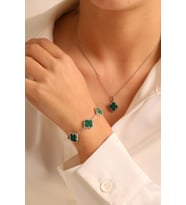 925 Ayar Gümüş Van Cleef 2 Lü Set Kolye Bileklik (ÖZEL KUTULU) (Yeşil)