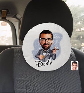 BK Gift Kişiye Özel İsimli Erkek Patron Karikatürlü Yuvarlak Araç Koltuk Yastığı-3