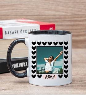 Kişiye Özel Kalp Detaylı Fotoğraflı  Siyah Kupa Bardak