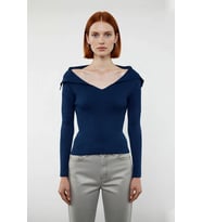 Kadın Şık Devrik Yaka Fitilli Triko Üst Fitted Kesim Uzun Kol Crop Model İlkbahar Sonbahar