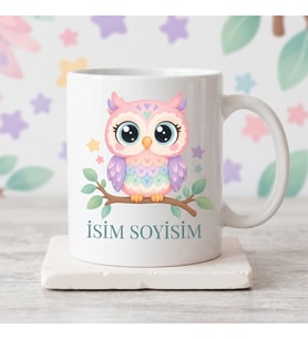Kişiye Özel İsimli Sevimli Pastel Baykuş Tasarımlı Seramik Kupa Bardak