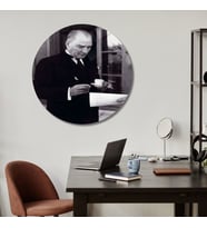 Yuvarlak Temperli Gerçek Cam Tablo Kahve İçen Atatürk