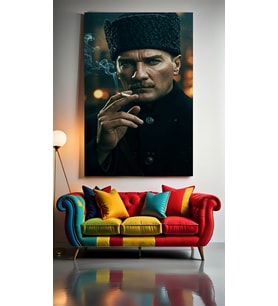 SİGARA İÇEN ATATÜRK Ev Duvar Salon Güzellik Salonu Ofis Dükkan Dekarasyon Kanvas Tablo (Çok Renkli)