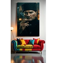 SİGARA İÇEN ATATÜRK Ev Duvar Salon Güzellik Salonu Ofis Dükkan Dekarasyon Kanvas Tablo (Çok Renkli)