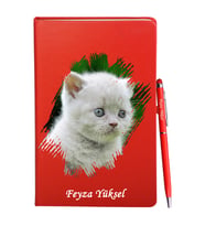 Kişiye Özel Kedi Tasarımlı Kırmızı Defter Kalem Hediye Seti
