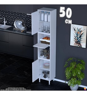 Eliusta Işıl 50 cm Kapaklı Orta Bölmeli Çok Amaçlı Mutfak Kiler Dolabı Banyo Düzenleyici 50x213x32 cm Beyaz