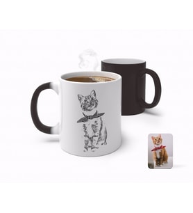 BK Gift Kişiye Özel Tam Boy Karakalem Kedi Karikatürlü Sihirli Kupa Bardak-1 (Beyaz)