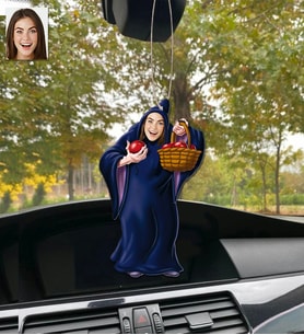 Kişiye Özel Karikatürlü Ahşap Araba Dikiz Ayna Süsü Pamuk Prenses Cadı Kadın-1