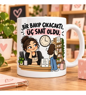 Bir Bakıp Çıkacaktı Üç Saat Oldu Esprili Mağaza Baskılı Kupa – Satış Danışmanı Hediyesi