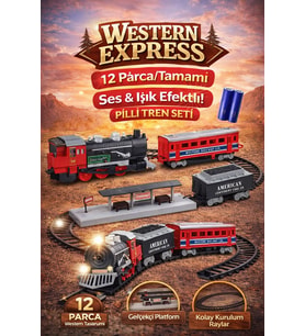 Western Express Pilli Tren Seti 12 Parça Işıklı Hareketli Klasik Tren Macerası