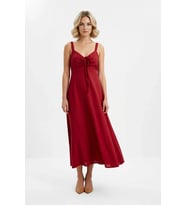 Kadın Çapraz Sırt Askılı Kalp Yaka Maxi Dokuma Elbise %100 Pamuk Astarsız A-line Kesim Günlük Rahat