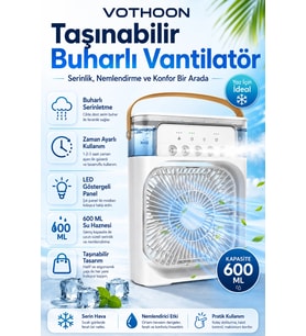 Taşınabilir Işıklı 5 Spreyli Vantilatör Buzlu Buharlı Vantilatör Mini Fan Nemlendirici Buharlı 600