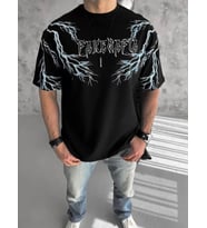 pilelistore- Unisex Bisiklet Yaka Baskılı Oversize T-Shirt-Siyah