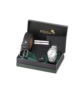 Polo Air Klasik Metal Kordon Erkek Kol Saati Cüzdan Kemer Kartlık Çakmaklı Set Kombini Siyah Gümüş Renk PL-7087E4