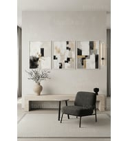 Nötr Tonlarda Modern Soyut Geometrik Sanat 3’lü Ahşap Çerçeveli Tablo Seti